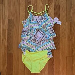 Justice Tankini. Vibrant Geometric Swimsuit with Neon Bottoms.